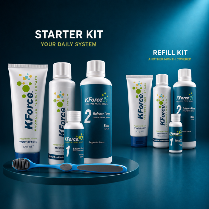 KForce oral care starter and refill kit displayed on a dark blue background, including toothpaste, mouthwash, rinse bottles, and a toothbrush on a round pedestal.