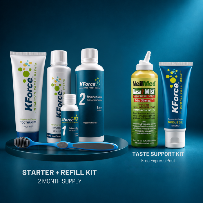 KForce toothbrush and oral care starter + refill kit displayed on a blue gradient background. The set includes a toothbrush, a tube of toothpaste, three fluoride mouthwash bottles, a nasal mist bottle, and a tongue gel tube, with text indicating a 2-month supply and free express post.