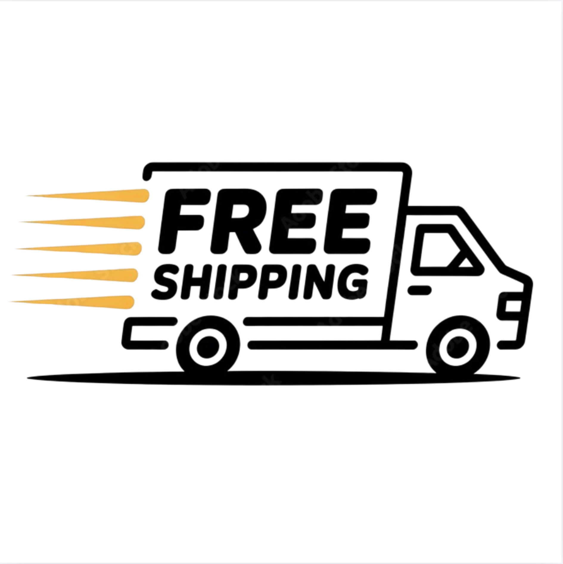 A black line-art delivery truck with the words 'FREE SHIPPING' in bold black text and five gold motion lines on a white background.