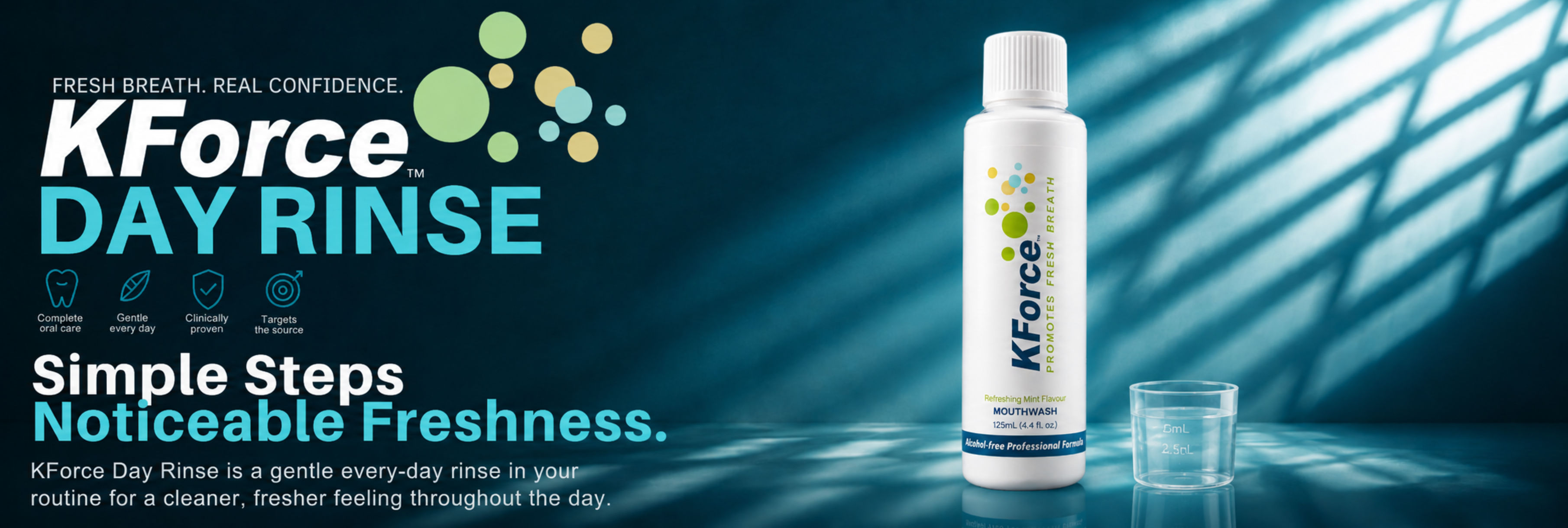 KForce Day Rinse bottle and small glass on a dark blue promotional background with text about simple steps and noticeable freshness.