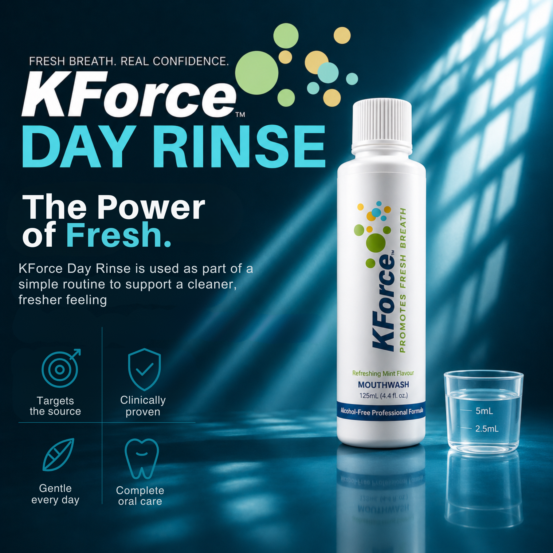 KForce Day Rinse mouthwash bottle shown on a dark blue promotional background with text callouts, a small clear 5mL measuring cup, and abstract light streaks. Visible brand text on the bottle and in the ad reads KForce.