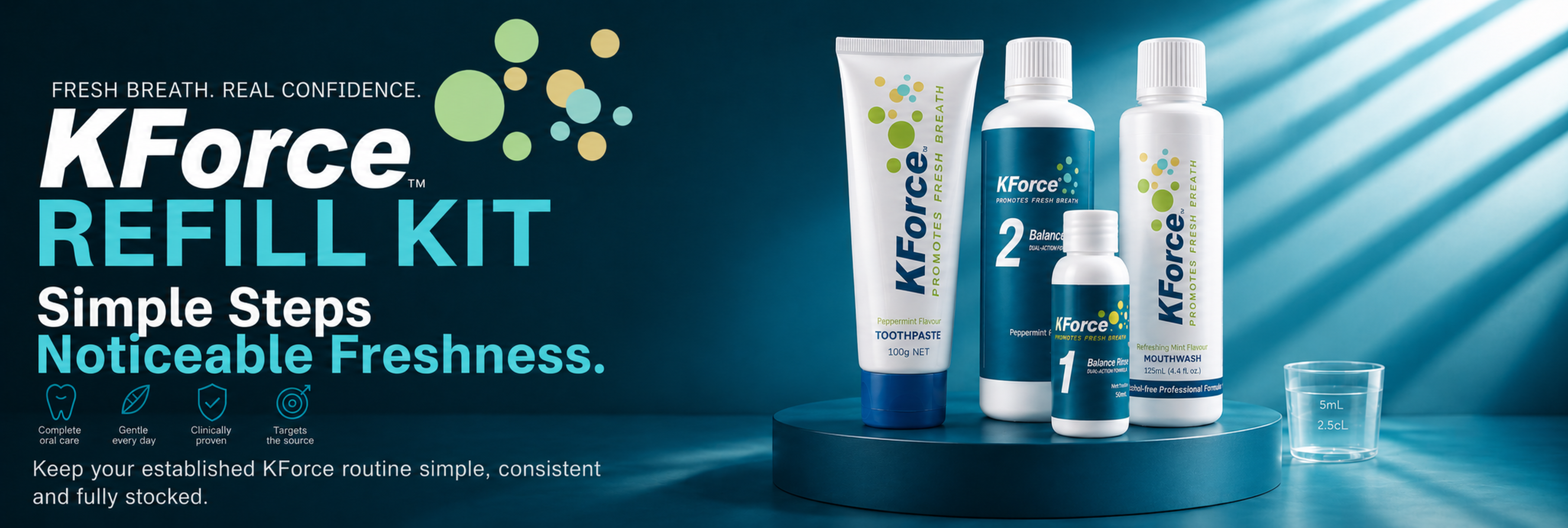 KForce Refill Kit advertisement showing several KForce branded bottles and tubes on a blue gradient background with text reading 'KForce REFILL KIT' and 'Simple Steps Notifiable Freshness.'.