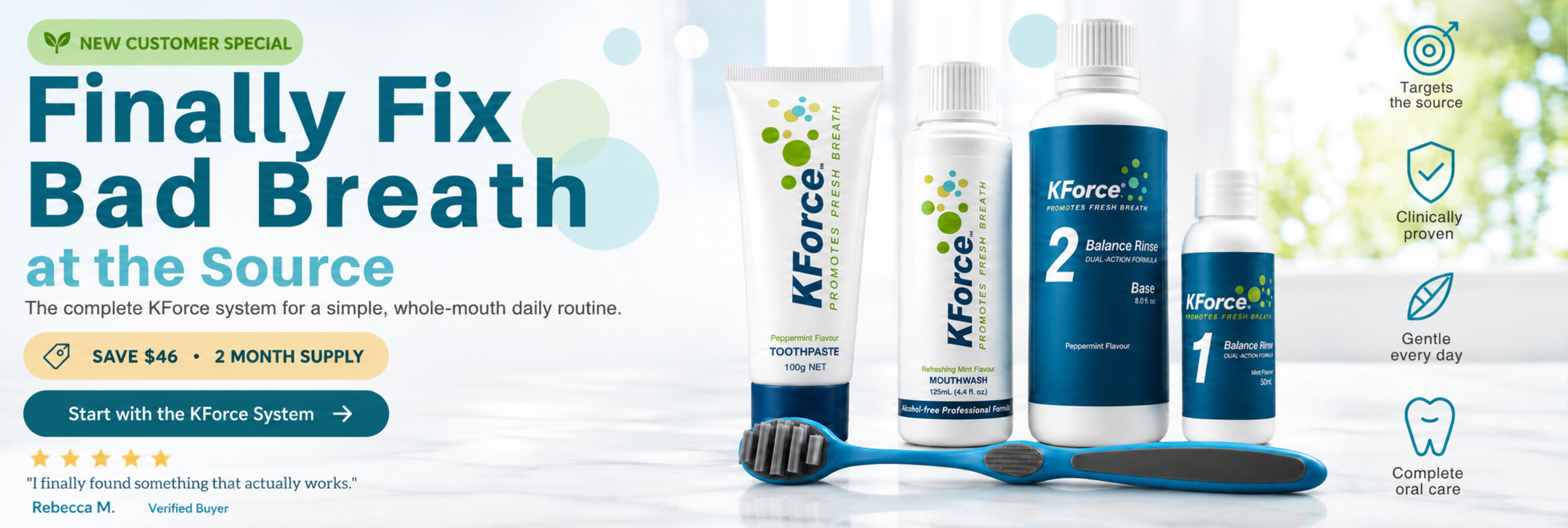 KForce oral care product lineup including toothpaste, mouthwash, and oral rinse bottles, alongside a toothbrush, set against a bright, clean dental-themed promotional background with text overlays.