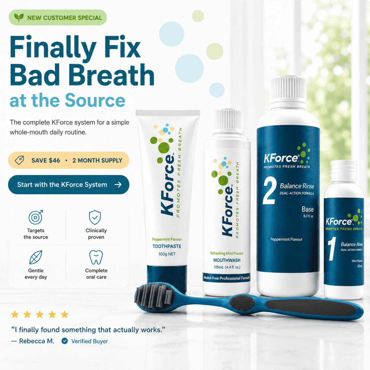 KForce breath freshener system products including a toothpaste tube, mouthwash bottle, base rinse bottle, and mouthwash bottle, along with a blue toothbrush, set against a bright window background with promotional text on the left.