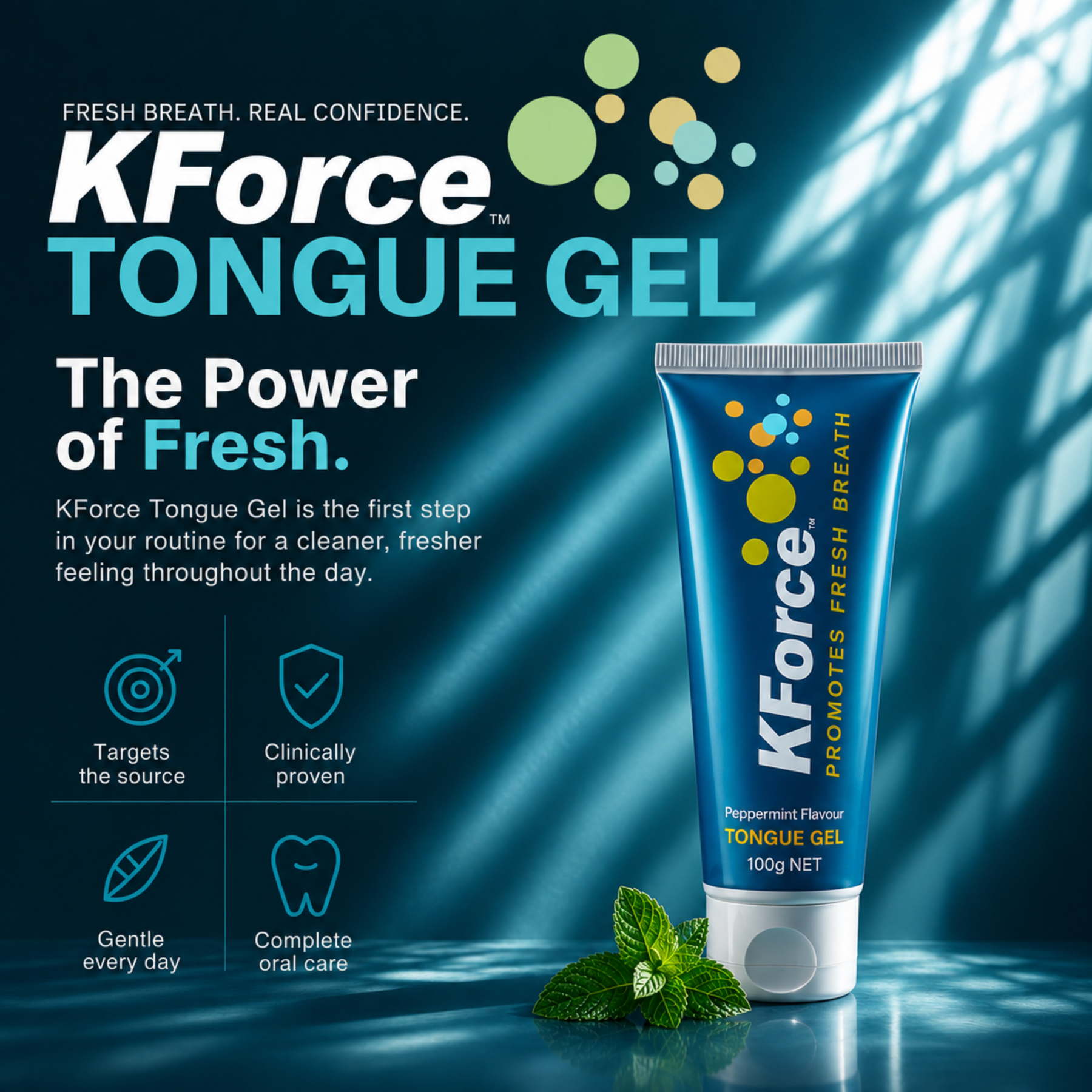 KForce Tongue Gel 100g tube on a dark blue background with light rays, accompanied by mint leaves. The ad includes text highlighting fresh breath and clinical proven benefits.