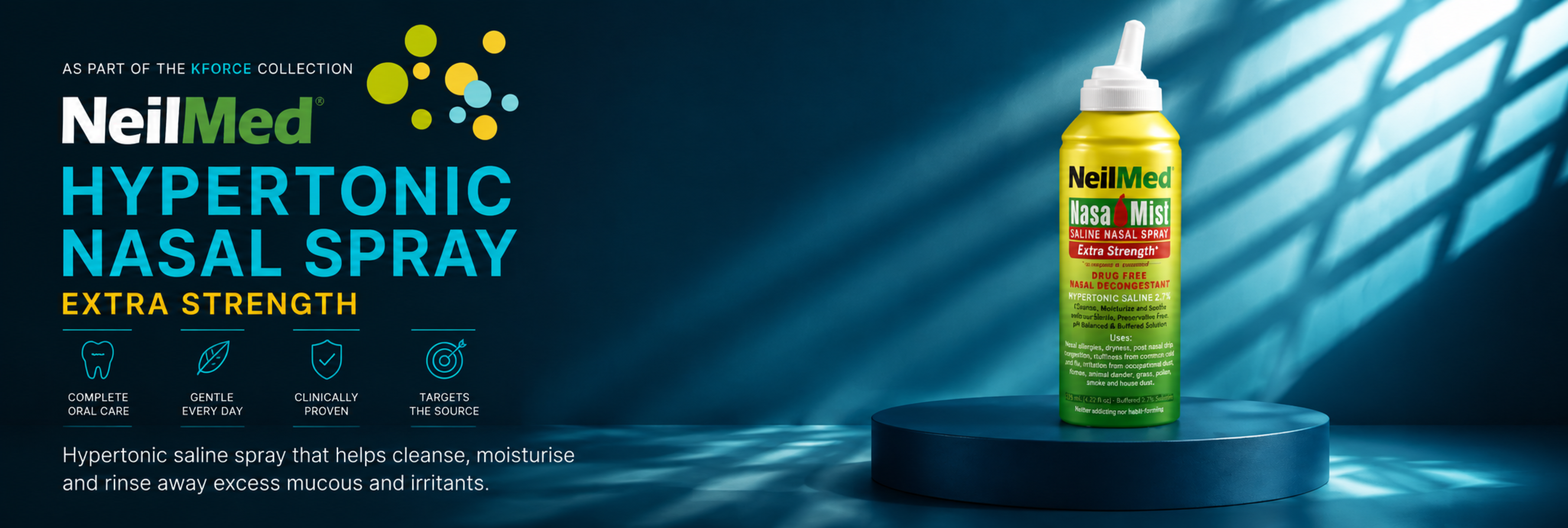 NeilMed Hypertonic Nasal Spray Extra Strength in a yellow and green bottle, displayed on a dark blue pedestal with dramatic light beams. The left side features product information text on a dark blue background.