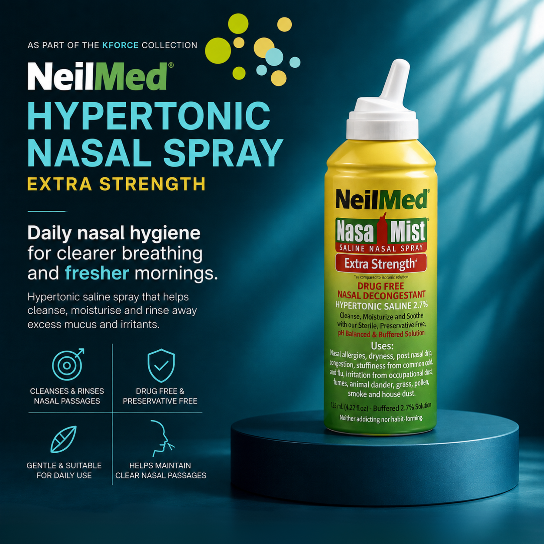 NeilMed Hypertonic Nasal Spray Extra Strength in a yellow bottle with a white nozzle cap, displayed on a dark blue pedestal against a dark blue background with promotional text and icons.